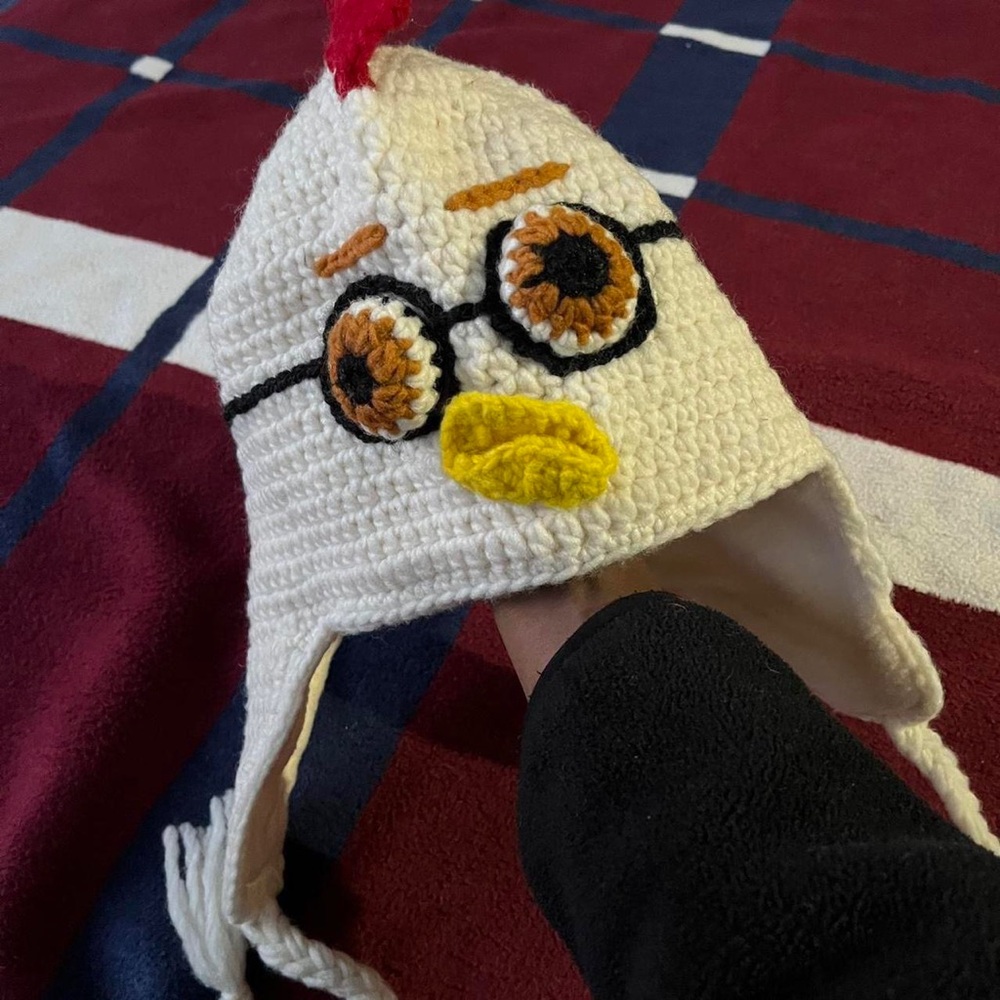 Handmade crochet chicken fleece hat - has bulging eyes funky glasses Halloween